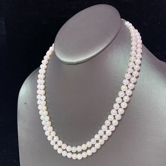 Diamond Akoya Pearl 2-Strand Necklace 17" 18k Gold 6.5mm Certified $8,750 120675 - Picture 8 of 11